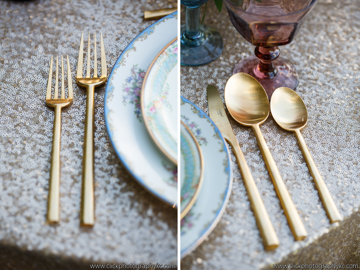 modern gold flatware rent vintage plates champagne sequin tablecloth colored glass goblet