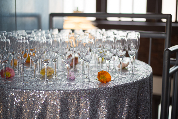 silver sequin tablecloth champagne flutes